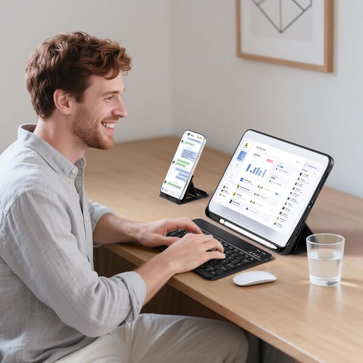 Vobafe Bluetooth Tastatur mit Telefonhalter für iPad Air/Pro/Mini/A16/11/10.9/10.2/iPhone, Kabellose