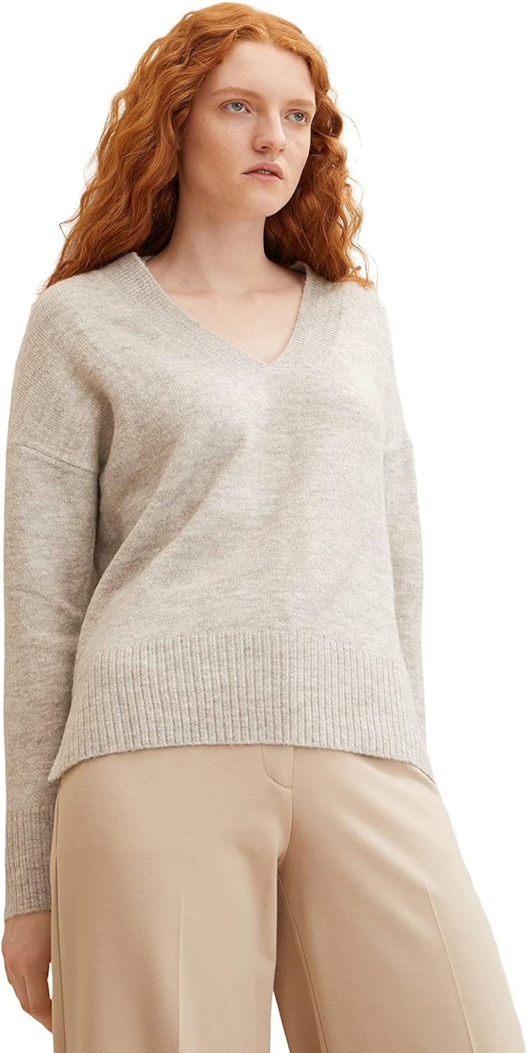 TOM TAILOR Denim Damen Basic Pullover mit V-Ausschnitt XL 30224 - Cloud Grey Melange, XL 30224 - Clo