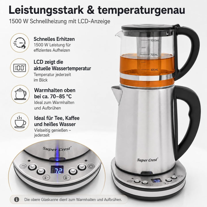 Wasserkocher Set 2,5L+1L, 1500W, Glas-Doppelkocher mit LCD Display, Warmhaltefunktion 70-85°C, Edels