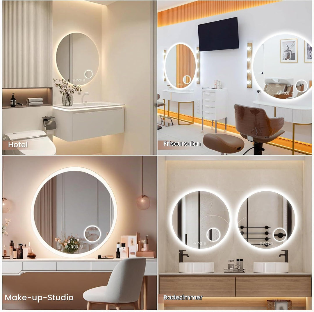 Habison Rund LED Badspiegel mit Beleuchtung 70 x 70cm LED Badezimmerspiegel Wandspiegel mit Uhrzeit
