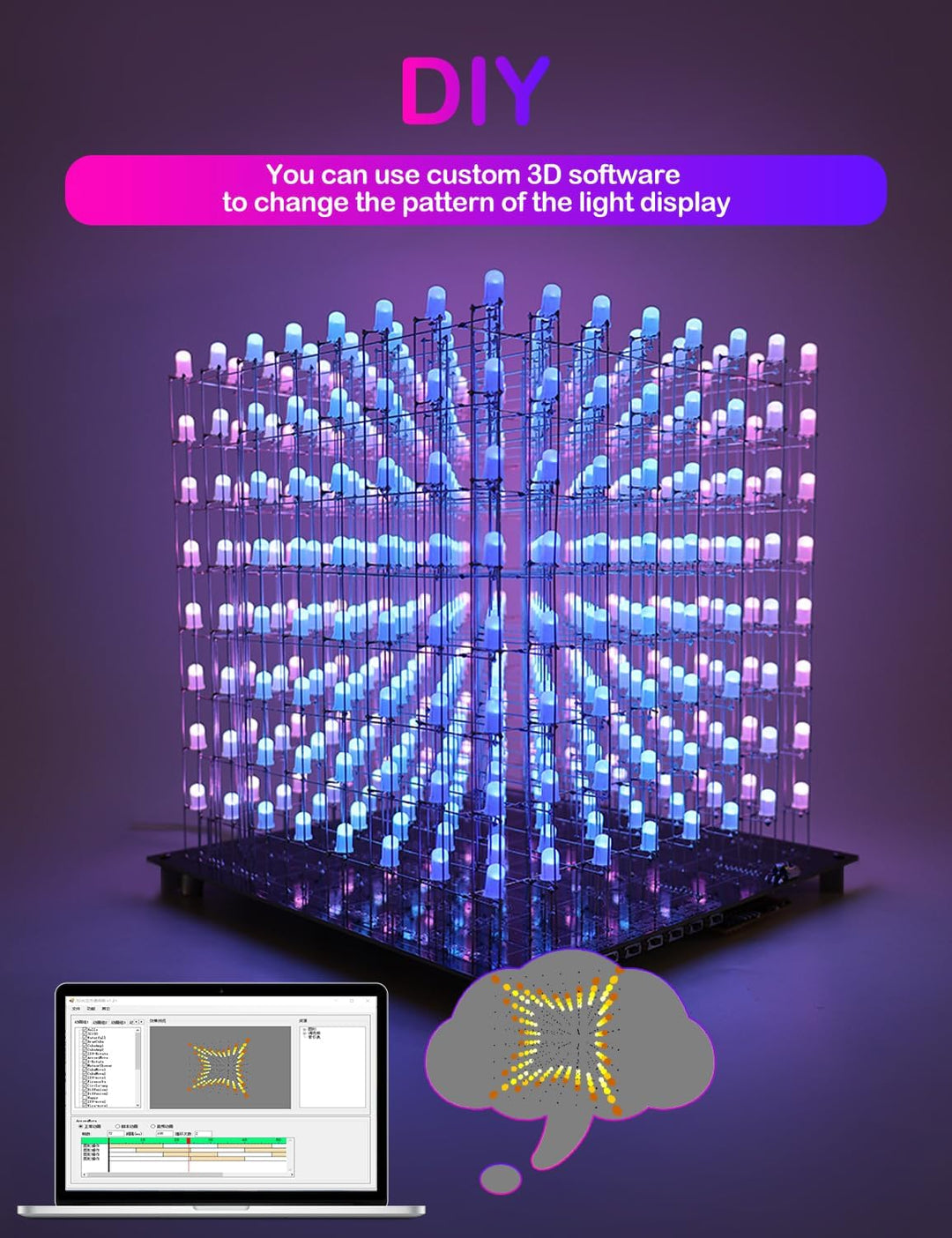 iCubeSmart 3D8RGB-KIT LED-Würfel-Set, DIY-Elektronik-Set, 8 x 8 x 8, LED-Lichtwürfel, DIY-Lötprojekt