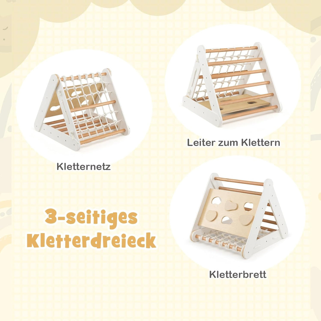 DREAMADE 4 IN 1 Kletterdreieck mit Rutsche und Kletternetz, Holzdreieck Kletterspielzeug aus Holz, I