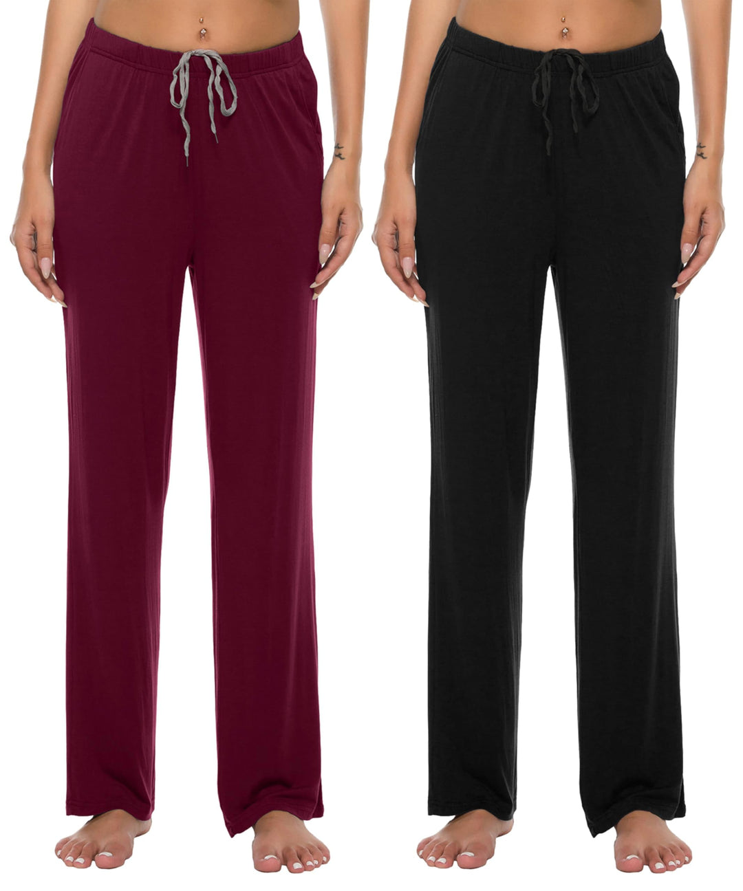 JINSHI Damen Schlafanzughose Lang Pyjamahose Weich Modal Nachtwäsche Freizeithose M Weinrot+ Schwarz