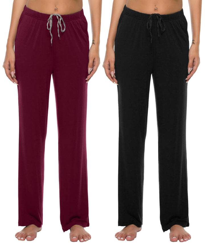 JINSHI Damen Schlafanzughose Lang Pyjamahose Weich Nachtwäsche Freizeithose XS Weinrot+ Schwarz, XS