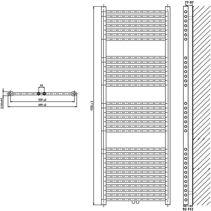 Heizkörper Badheizkörper Handtuchwärmer mit Mittelanschluss 50 mm schwarz (1732 x 600 mm) (899 Watt