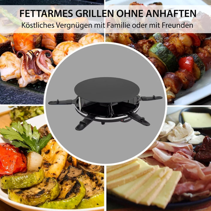 Syntrox Germany Raclette für 6 Personen Lillex, Rund mit Glas-Keramik Platte Emailliert, 900W Kompak