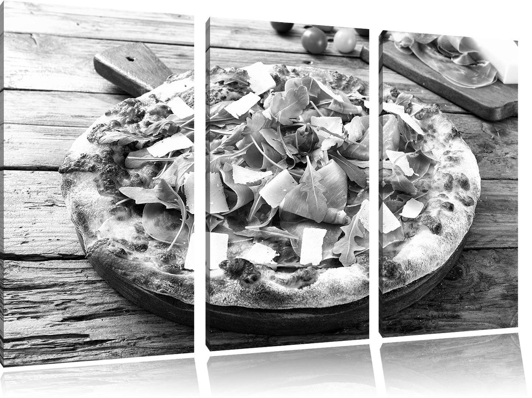 Pixxprint Prosciutto Pizza auf Holztisch / 3-Teilig/Gesamtmass 120cm Leinwandbild bespannt auf Holzr