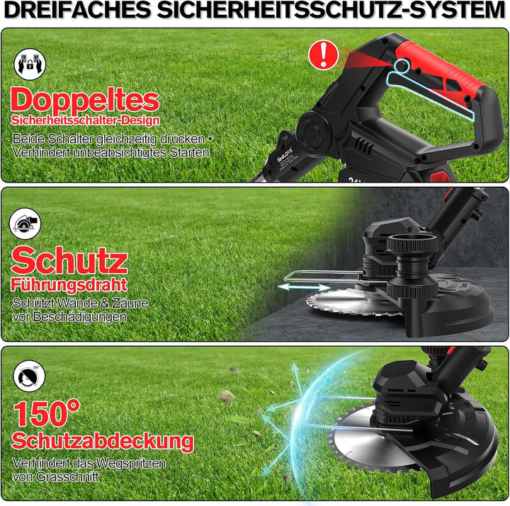 Rasentrimmer mit Akku 21V, 4-in-1 Freischneider & Motorsense 24000 RPM, Rasenkantenschneider inkl. 2