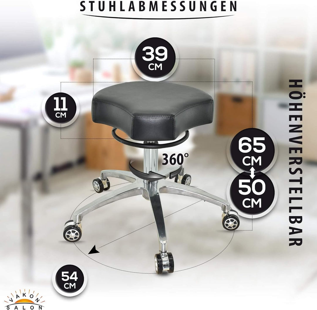 VAKON SALON - Design ergonomischer Rollhocker auf hochwertigen Rollen schwarz - Höhenverstellbarer v