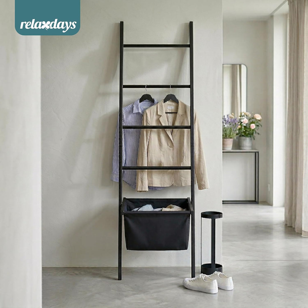 Relaxdays Handtuchleiter, 4 Sprossen, Wäschekorb, HxB: 170 x 50 cm, schwarz | Walnussholz, Badezimme