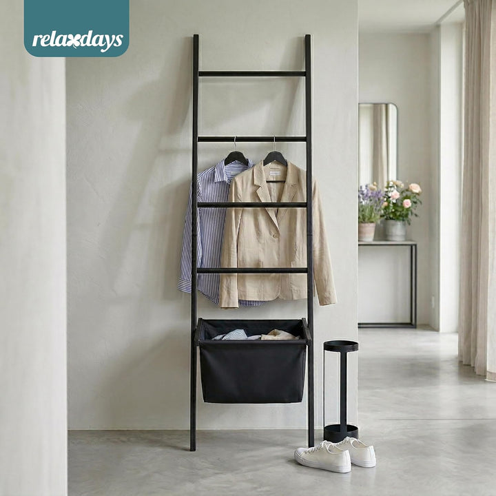 Relaxdays Handtuchleiter, 4 Sprossen, Wäschekorb, HxB: 170 x 50 cm, schwarz | Walnussholz, Badezimme