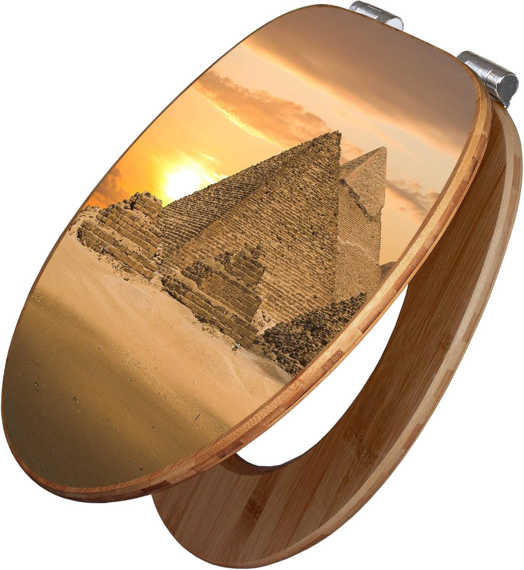 banjado® Design WC Sitz Bambus Absenkautomatik mit Motiv Pyramiden/Toilettendeckel mit Absenkautomat
