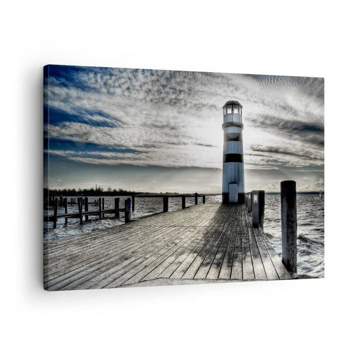 Bilder auf Leinwand See Leuchtturm Holzbrücke Wasser Leinwandbild 70x50cm Wandbilder Dekoration Wohn