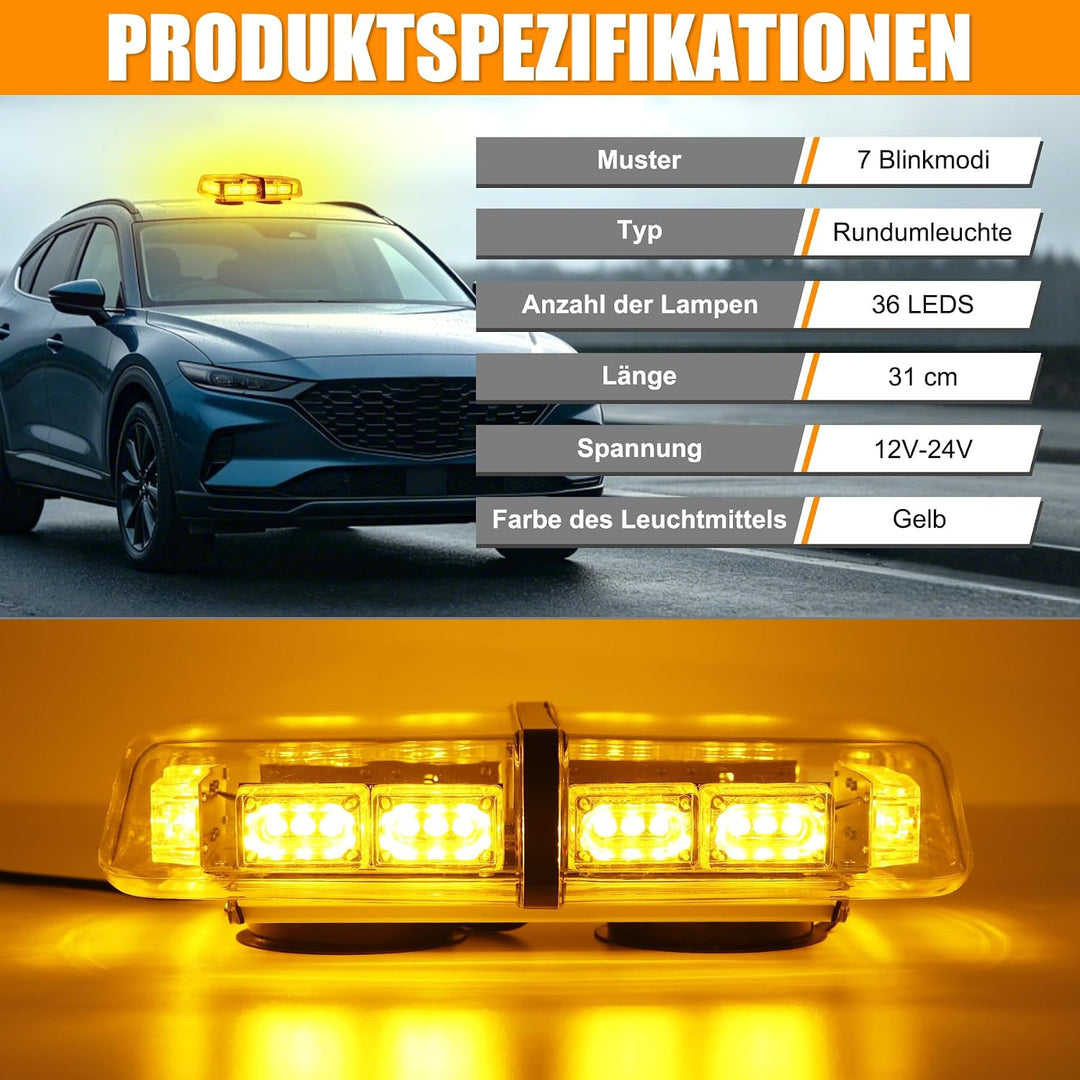 ROUTEKING 36 LED Warnleuchte - 12/24V Rundumkennleuchte Warnlicht 7 Modi Light Mit Super Magnetfuss,