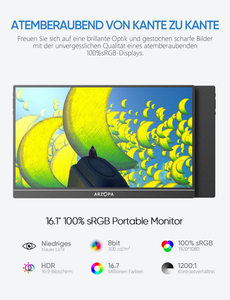 ARZOPA 16.1" Portable Monitor, 1920×1080 FHD IPS Tragbarer Monitor für Laptop mit Einzelstange, Unte