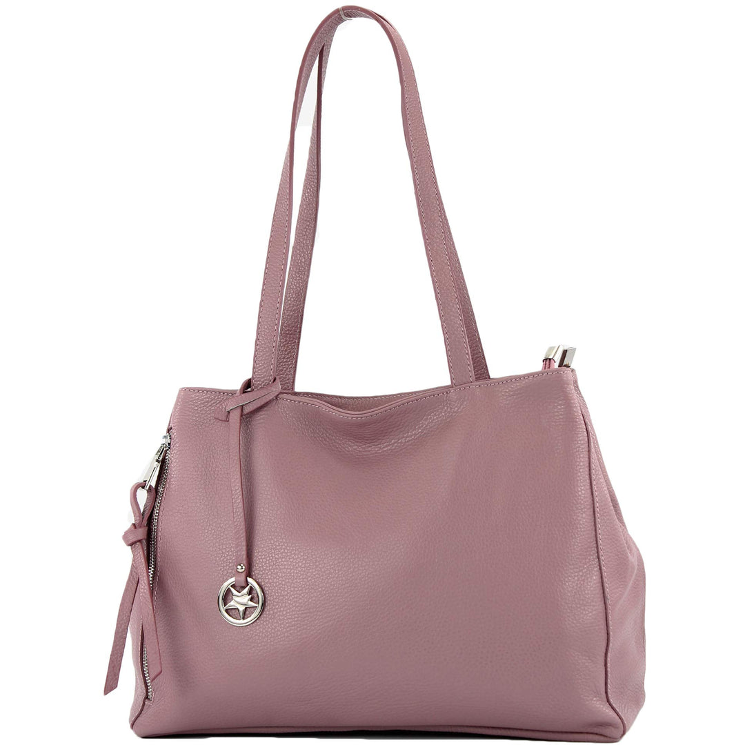 modamoda de - T205 - ital. Schultertasche Henkeltasche aus Leder Altrosa, Altrosa