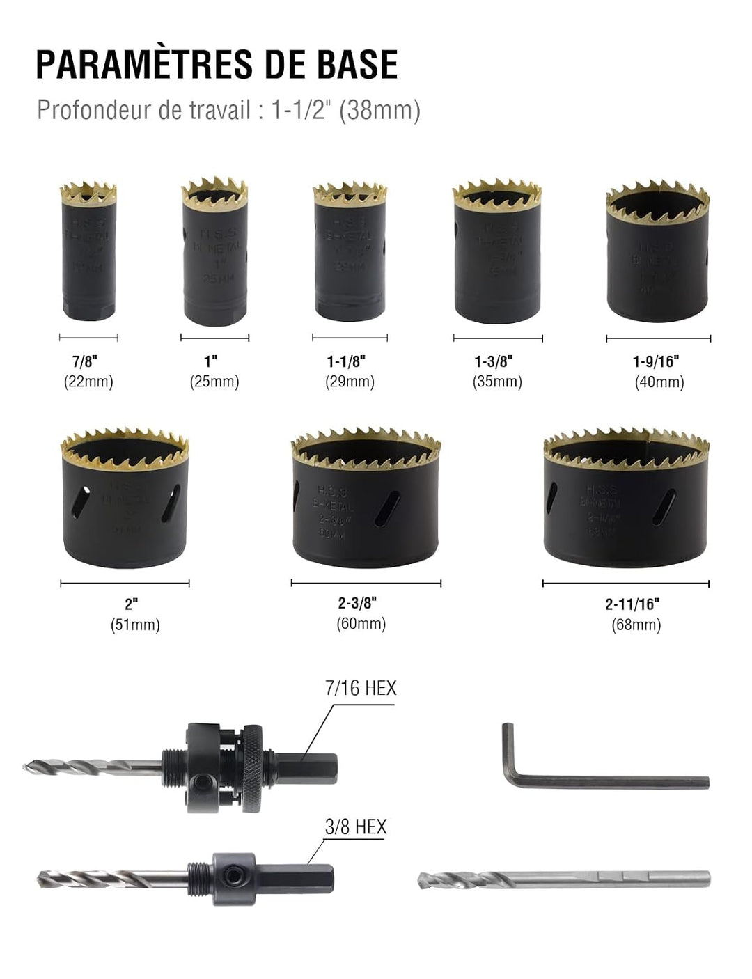 BINOTA Bi-Metall M42-Lochsäge Satz 22-68 mm, für Metall, Holz, Sperrholz, PVC, Faserplatten, Gipspla