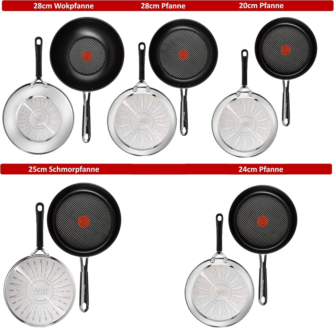 Tefal E30 Jamie Oliver Pfannen-Set Induktion 9 tlg -SET19- Schmorpfanne mit Deckel 25 cm , Wok mit D