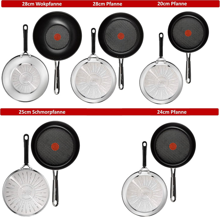 Tefal E30 Jamie Oliver Pfannen-Set Induktion 9 tlg -SET19- Schmorpfanne mit Deckel 25 cm , Wok mit D