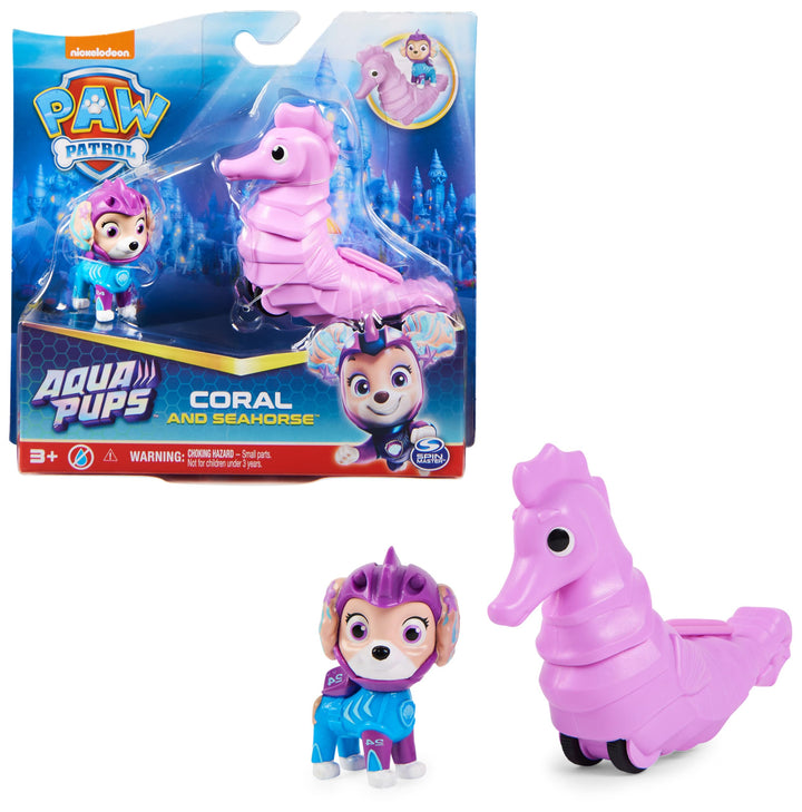 Paw Patrol, Aqua Pups - Hero Pups Actionfiguren-Set mit 1 Coral Welpenfigur und 1 Seepferd Figur, Sp