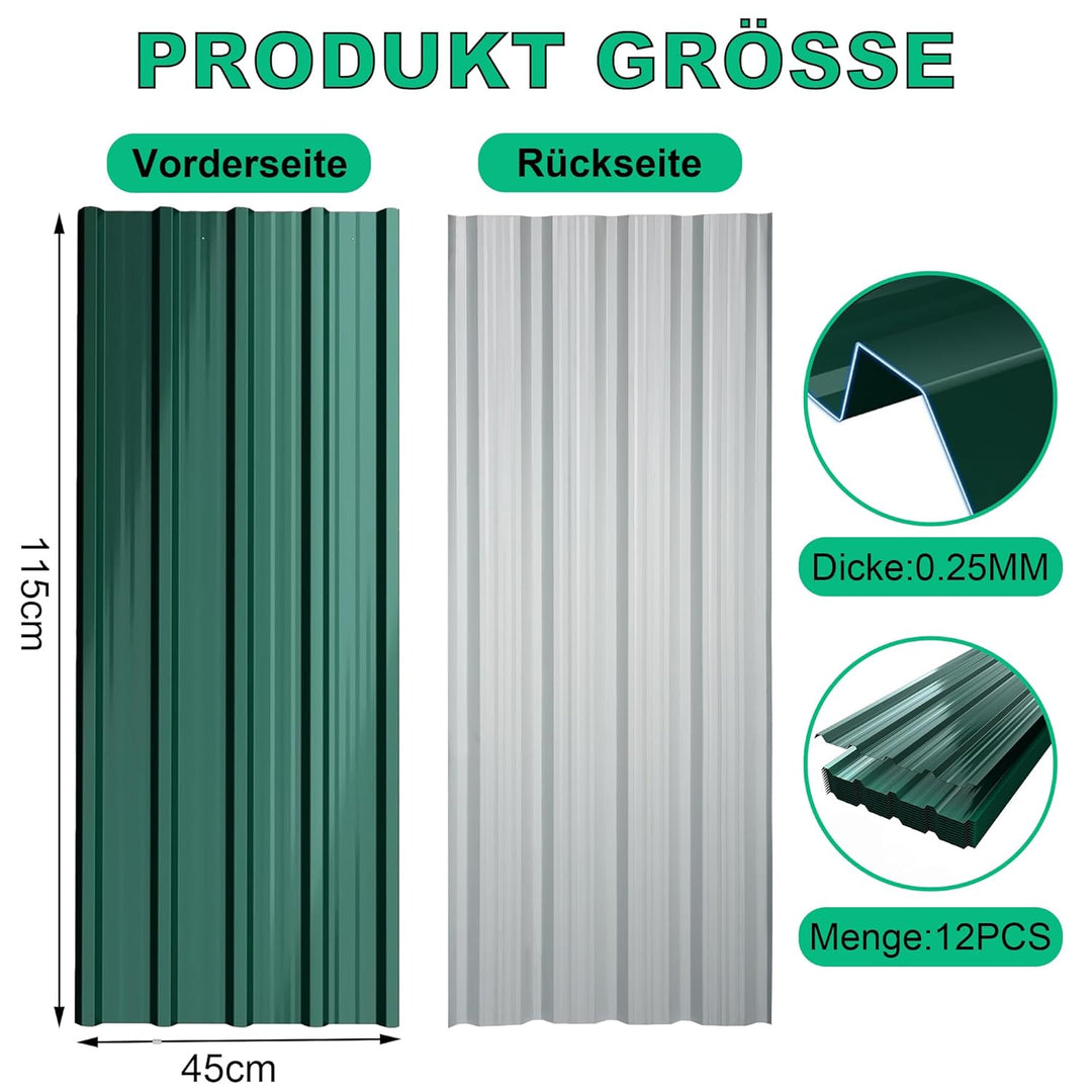 12x Trapezblech Dachplatten 115x45CM, Grün Verzinkter Stahl 0,25mm Profilblech für Dächer Carports G