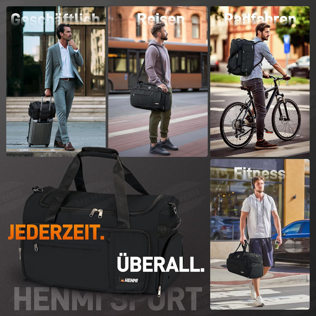 HENMI Sporttasche &amp; Reisetasche für Herren und Damen, 43L Gross gymbag mit Schuhfach und Nassfach, F