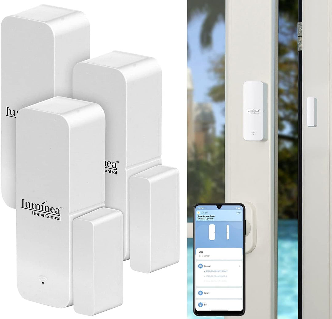 Luminea Home Control Fenstersensor: 3er-Set ZigBee-Tür- & Fensteralarm, für Alexa, GA und Siri, App