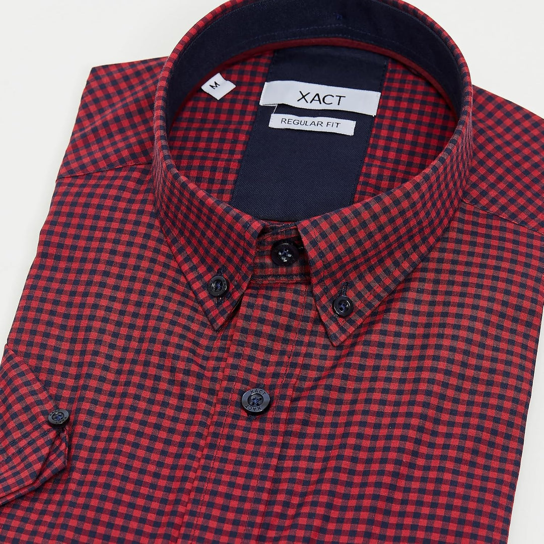 Xact Herren Kurzarmhemd mit Gingham-Karo, Button-Down-Kragen, Normale Passform S Chilli Red/ Navy, S