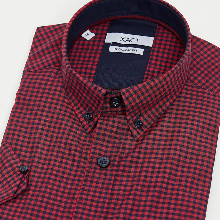 Xact Herren Kurzarmhemd mit Gingham-Karo, Button-Down-Kragen, Normale Passform S Chilli Red/ Navy, S