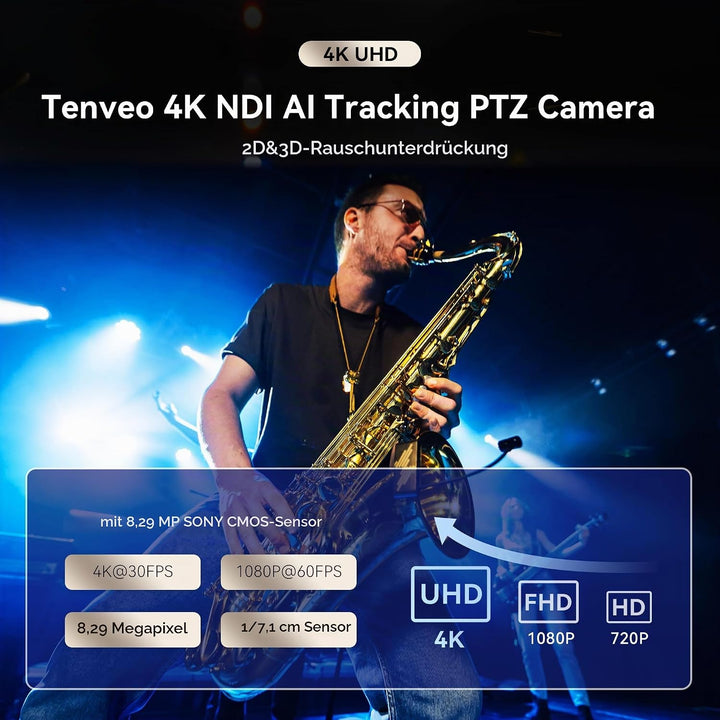 Tenveo 4K PTZ-Kamera mit NDI, AI-Auto-Tracking, 20-Fach Optischer Zoom, 3G-SDI USB3.0 HDMI LAN PoE A