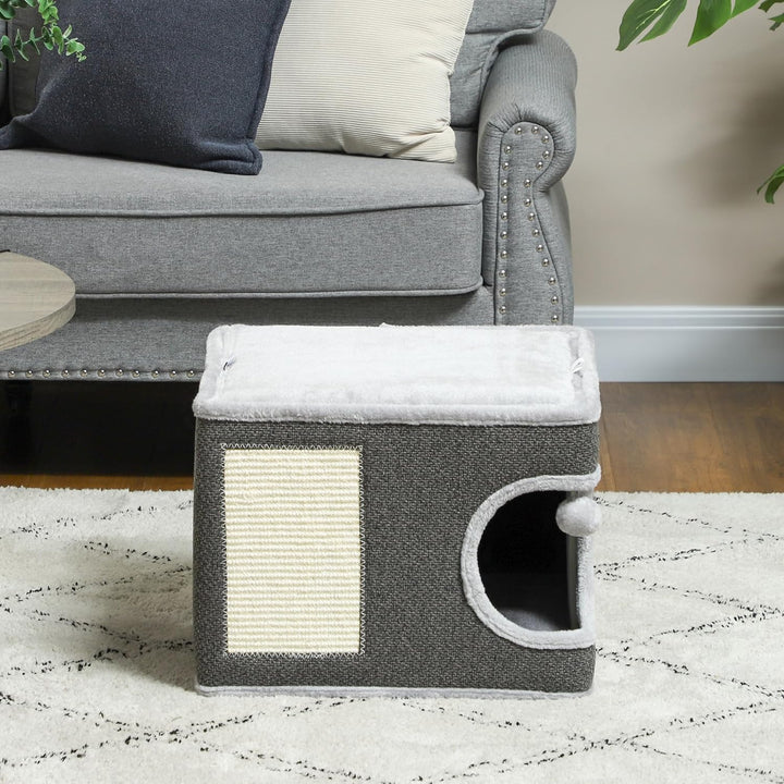 PawHut Kratztonne, 35 cm hoch Katzentonne mit Höhle, Kratzbaum mit Spielball, Katzenturm aus Sisal,