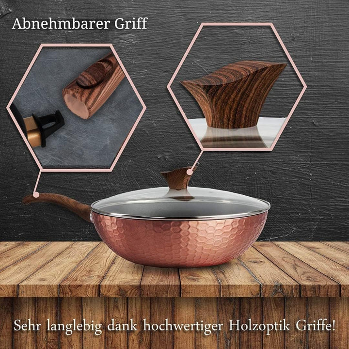 GGC Wok Pfanne 32cm mit Deckel und abnehmbarem Stiel-Griff in Holzoptik I Induktion I Ø32 Wok mit An