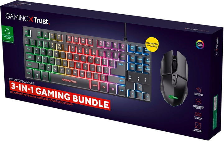 Trust GXT 1794 Set Gaming Tastatur QWERTZ DE Layout mit Funkmaus und Mauspad, 3-in-1 LED Gaming Pake
