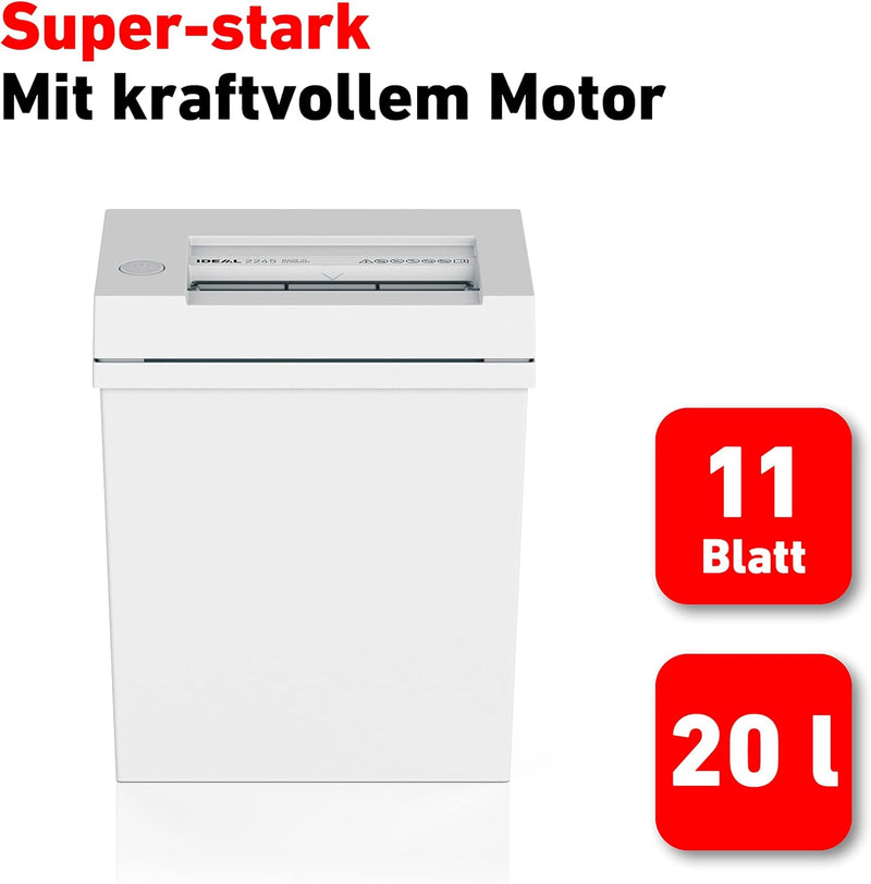 IDEAL 2245 Aktenvernichter, Sicherheitsstufe P-2, Streifenschnitt 4 mm, 11 Blatt Kapazität, 20 L Abf