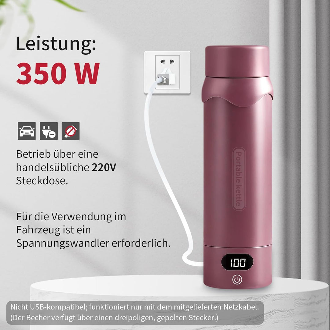 Elektrischer Reisewasserkocher mit 4 Temperaturstufen, 450ml Mini Wasserkocher aus 304 Edelstahl & V