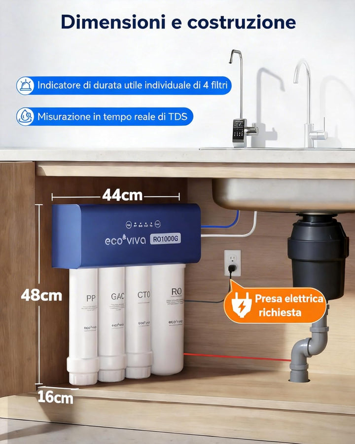 Ecoviva RO1000G Untertisch Osmoseanlage Umkehrosmoseanlage Trinkwasser mit Alkalisierung Wasser, Hoh