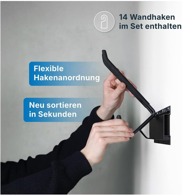 Dönges Werkzeug Wandhaken für Garage Aufbewahrungsregal mit 5 Schienen, 14 Haken &amp; 2 Klettschlaufen