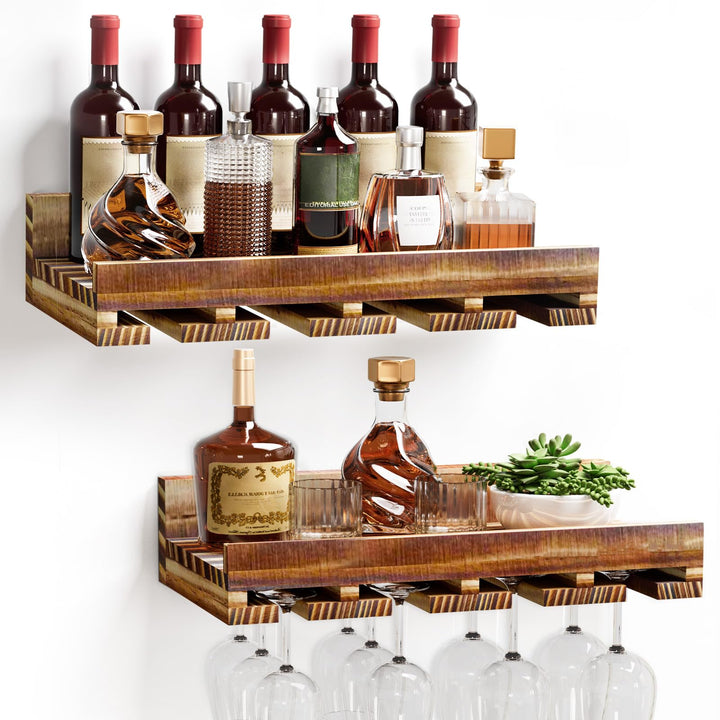 Yorbay 2er-Set Wand Holz Weinregal: Vintage Wandbar aus Beflammtem Palettenholz mit Weinglasregal fü