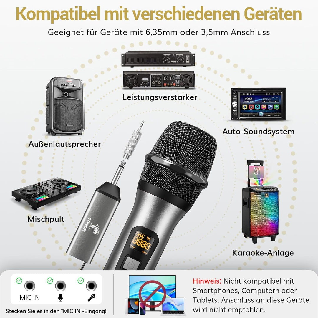 TONOR Drahtloses Mikrofon, UHF Metall Kabelloses Handmikrofon System mit wiederaufladbarem Receiver,