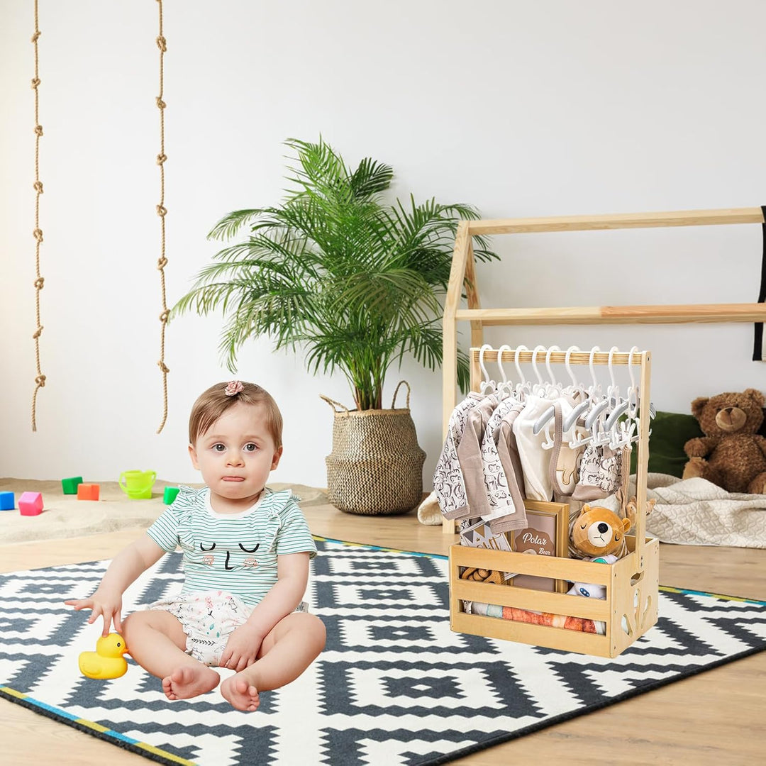 Babyparty Geschenk mit Griff, Baby Aufbewahrungskorb mit 5 Kinder Kleiderbügel, Holz Baby Geschenk K