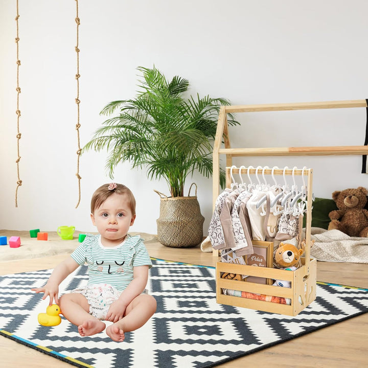 Babyparty Geschenk mit Griff, Baby Aufbewahrungskorb mit 5 Kinder Kleiderbügel, Holz Baby Geschenk K