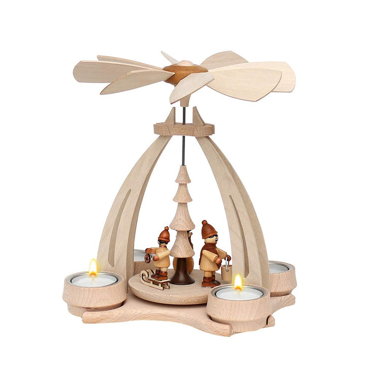 Dekohelden24 Tisch-Pyramide aus Buchenholz mit Winterfütterung, für 4 Teelichte geeignet, L/B/H ca.