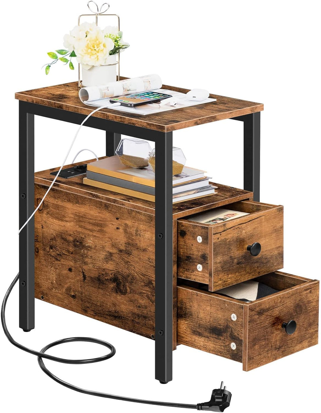 HOOBRO Beistelltisch mit Ladestation, Sofatisch mit 2 Schubladen und USB-Anschluss und Steckdose, Na