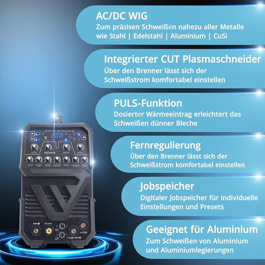 STAHLWERK Schutzgasschweissgerät 3-in-1 AC/DC WIG 200 Puls CUT ST bis 200 A | WIG & MMA, Plasmaschne