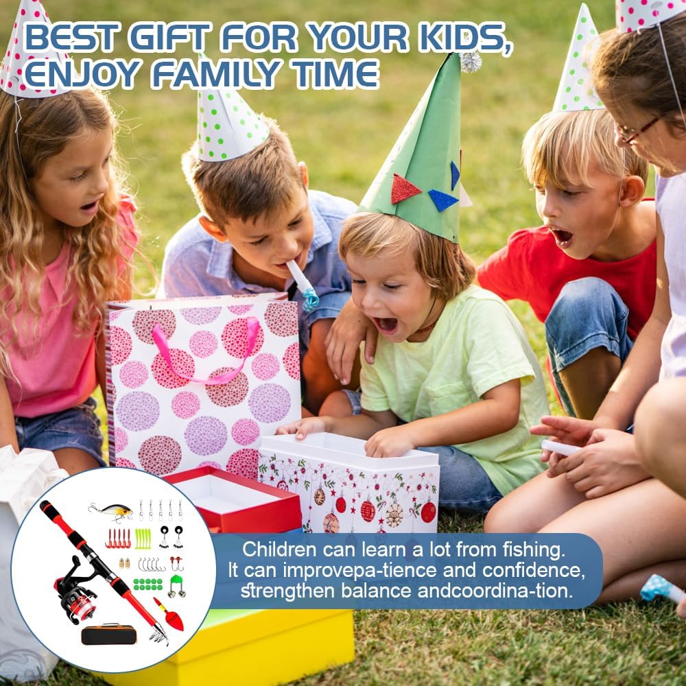 Angelset für Kinder, Kinderangel Starter Set mit Angelrolle und Köder, Tragbare Kinder Angelset, Kom