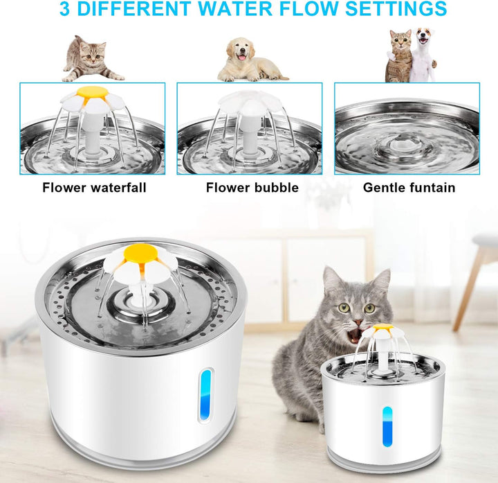 Katzen Trinkbrunnen,Haustierbrunnen mit Aktivkohlefilter Wasserstandsfenster, Leuchtende LED,2,4L Gr