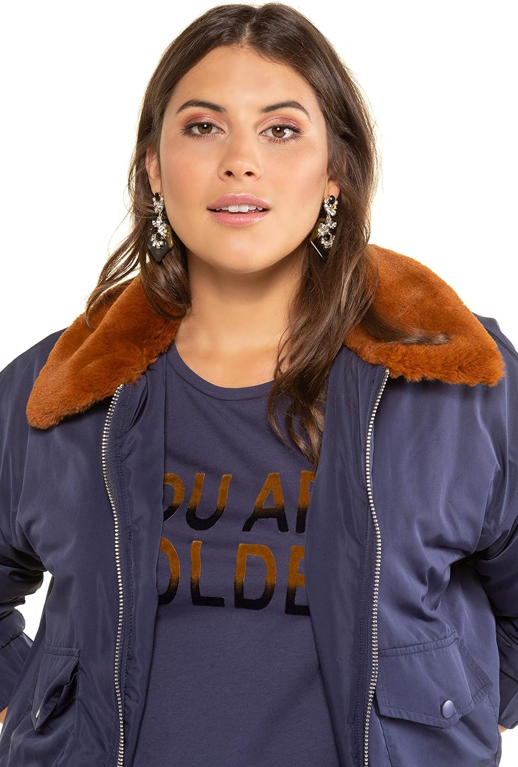 Studio Untold Damen grosse Grössen Übergrössen Plus Size Bomber, Webpelz-Kragen, warm wattiert dunke