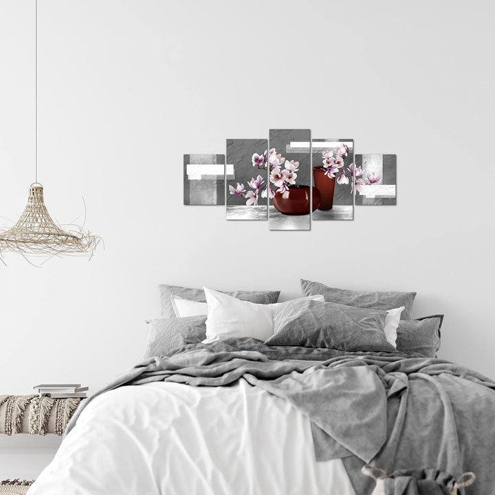 Runa Art Wandbilder Blumen Abstrakt 5 Teilig Bild auf Vlies Leinwand Deko Wohnzimmer Blumenvase Grau
