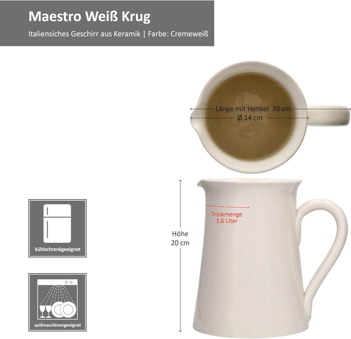 MamboCat Gloria Krug cremeweiss I 1,6L I italienische Keramikkanne mit Henkel für Saft, Eistee, Wass