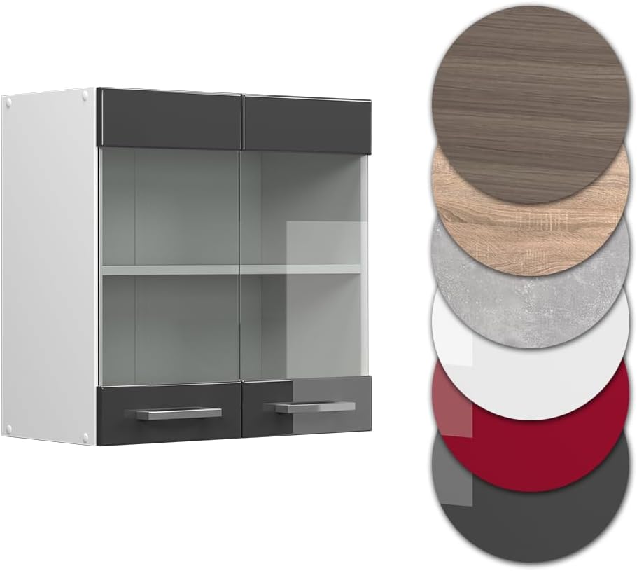 Vicco Küchenschrank Glas R-Line, Anthrazit Hochglanz/Weiss, 60 cm Anthrazit Hochglanz Hängeglasschra